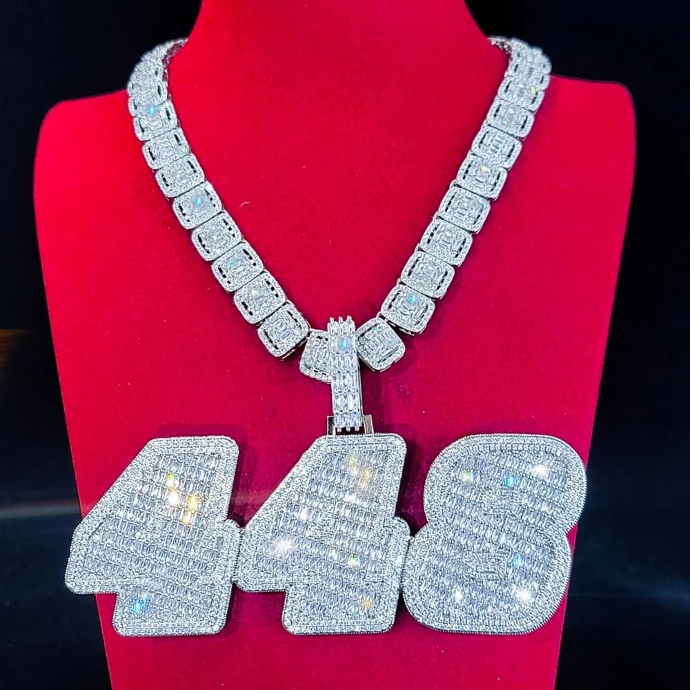 Necklace with word pendant with custom ice number Necklace with letter Baguettecz iced with laser engraving on solid back Customize your birthday gifts
