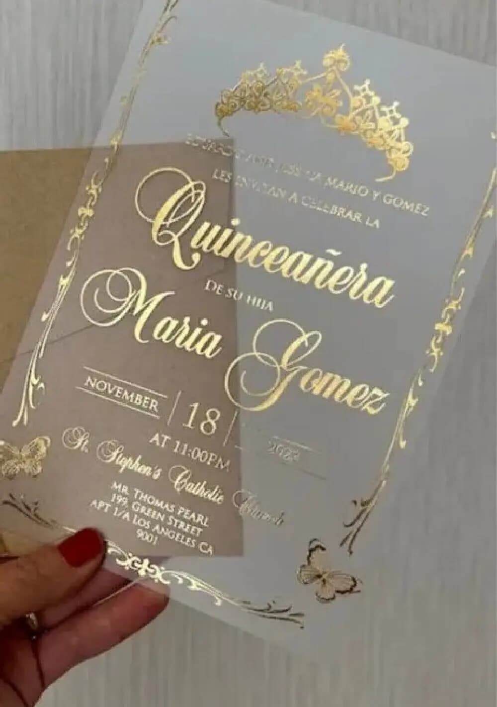 Print of glossy golden stamps Transparent 0.5 mm acrylic invitations, 30 custom laser engraved wedding cards without PVC