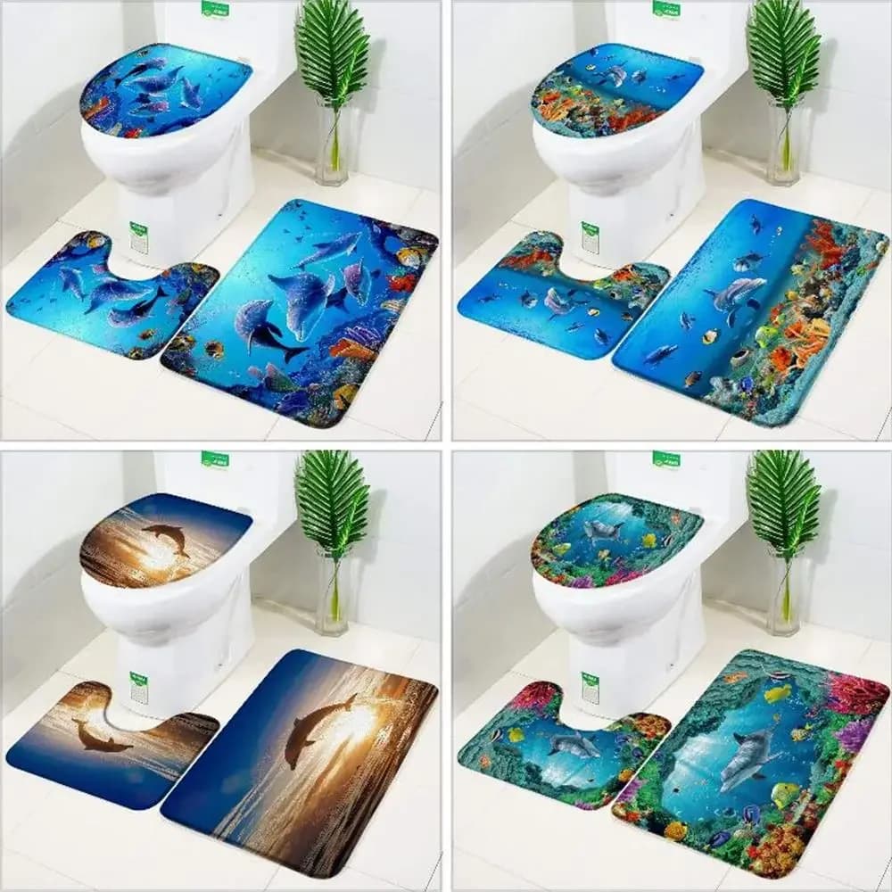 Divertente set di tappetini da bagno con delfino Tartaruga marina Pesce Animale Scenario subacqueo Decorazioni per il bagno per bambini Tappeto antiscivolo Tappetini per coperchi per WC