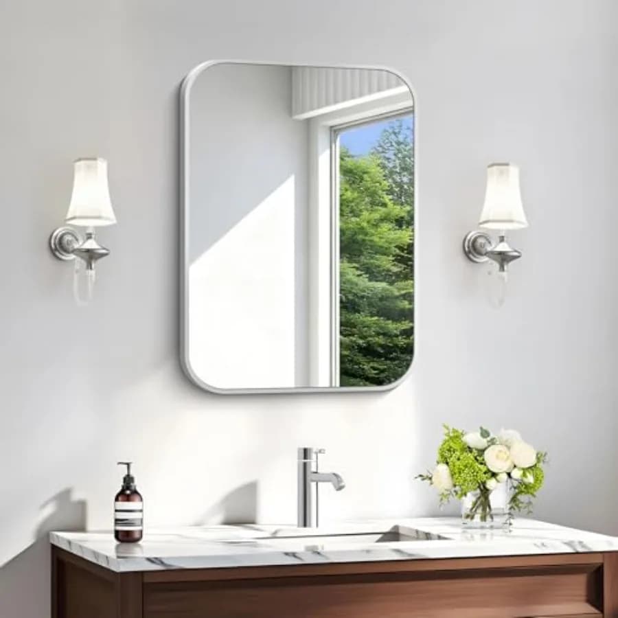 Specchio da bagno argentato, specchi rettangolari da parete 18 x 24 pollici, specchio da parete con cornice in metallo con angoli arrotondati per sopra i lavabi