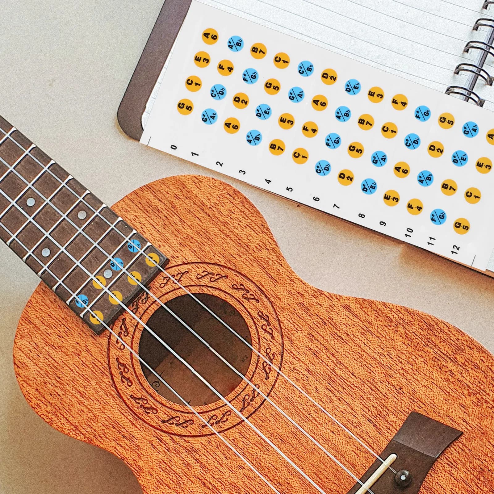 Ukulele Guitar Fretboard Note Stickers Color Coding Design Easy Peel Chord Learning Decals for Beginners Ukulele Note Stickers