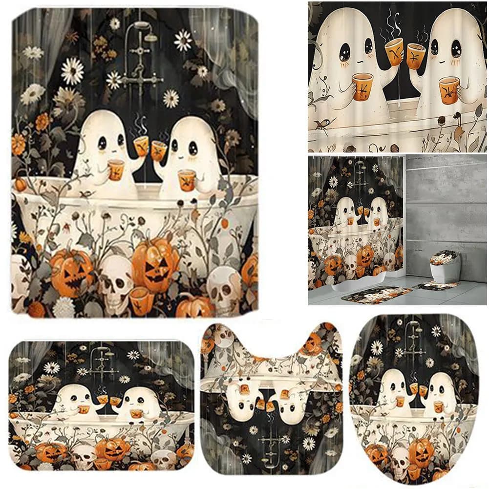 Set di tende da doccia fantasma simpatico cartone animato Tenda da bagno di Halloween Tenda da bagno spettrale lavabile con ganci per l'arredamento del bagno
