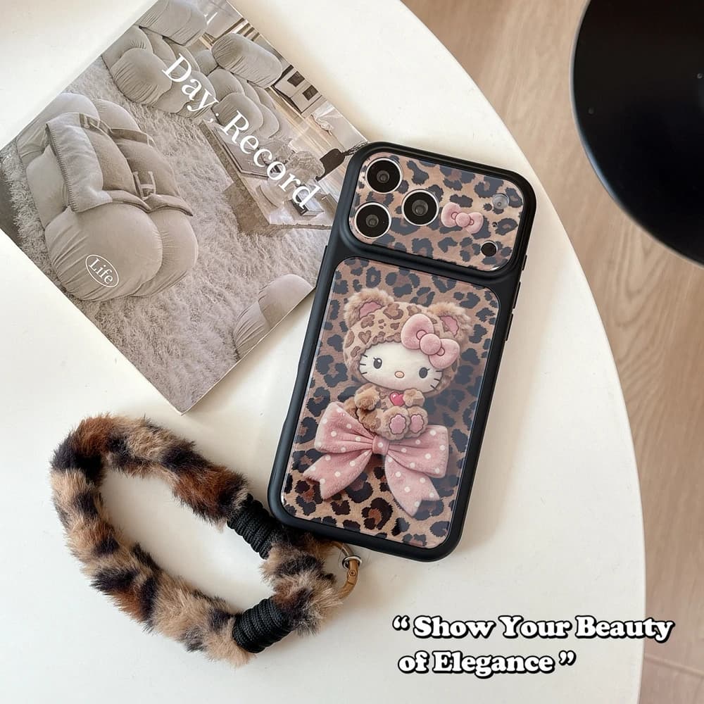 Custodia per telefono antiurto rigida con stampa leopardata e fiocco, design cartone animato Sanrio Hello Kitty, per iPhone 17 Pro 16 15 Pro Max