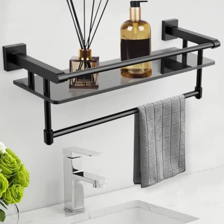 Mensola in Vetro per Bagno 20 Pollici, Scaffali per Bagno con Porta Asciugamani, Mensole in Vetro Temperato con Supporto per Asciugamani in Acciaio Inossidabile
