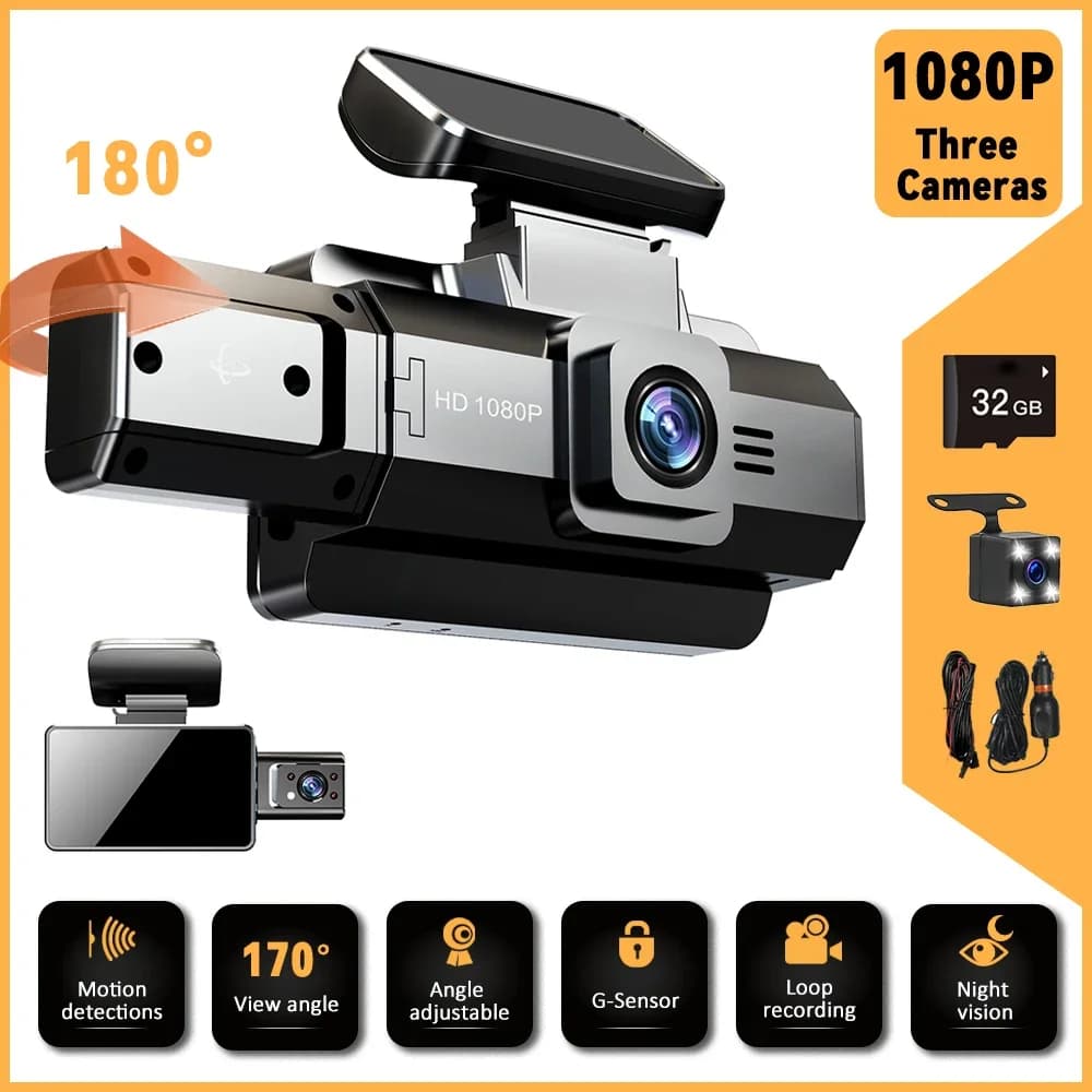 3 channels HD 1080P Dashcam Car Camera Night vision Car recording DVR 170 ° Dash Cam wide-angle Backup cameras Dash Cars Cam Car