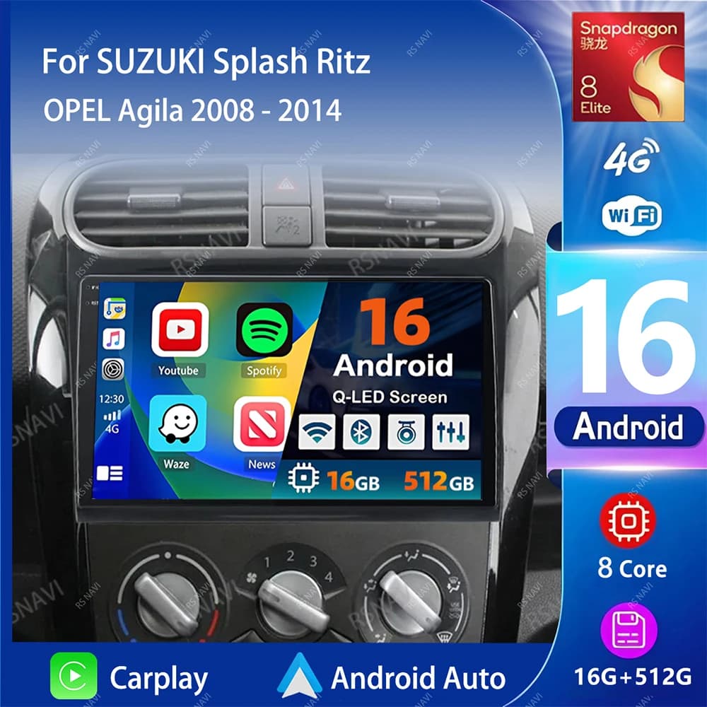 Android 15 Carplay Auto 2K Schermo Autoradio BT Lettore Multimediale Per SUZUKI Splash Ritz OPEL Agila 2008 - 2014 Autoradio Stereo