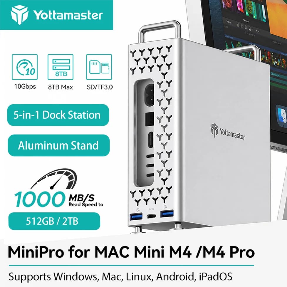 Yottamaster Docking Station 10Gbps 5-in-1 Hub USB A Type C SD/TF3.0 Dock di Espansione con Supporto e Enclosure M.2 NVMe SSD per Mac Mini M4