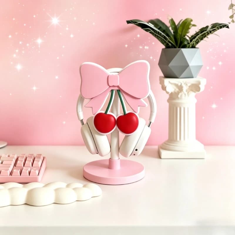 Supporto per Cuffie a Forma di Fiocco con Ciliegia, Ornamento da Scrivania Stampato in 3D Personalizzato, Porta Cuffie Estetico Rosa per Decorazione Scrivania Gaming delle Ragazze