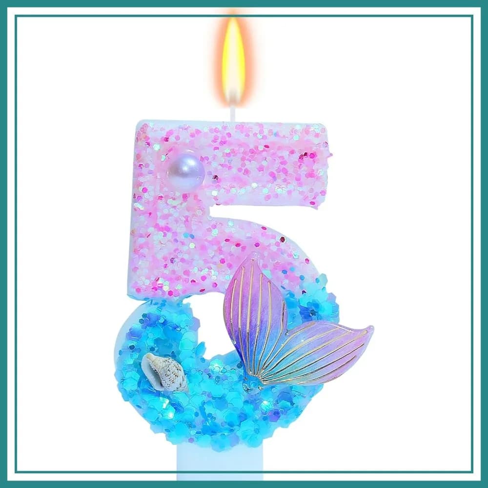 Candeline di compleanno a forma di sirena numero 5, topper per torta con glitter per feste di ragazze, decorazioni per anniversari, 2,87 pollici