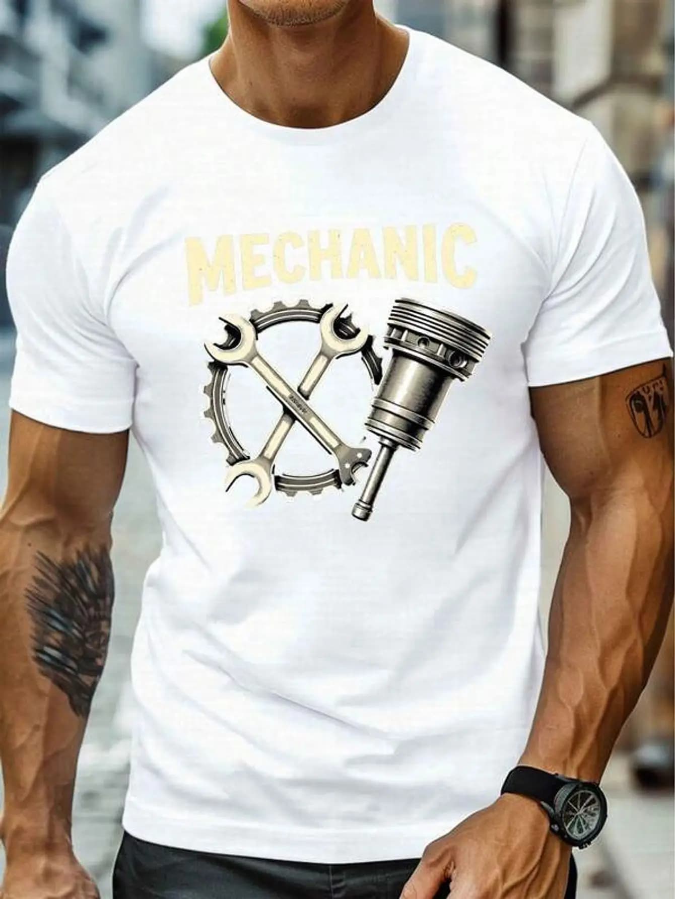 Men's "Mechanic" Graphic Tee - Casual & Lightweight Polyester, Round Neck Short Sleeve T-Shirt with Tool Print, Ideal for Summer