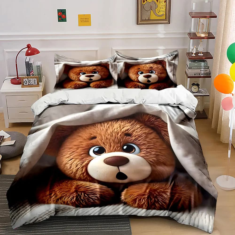 Plush teddy bear under soft blanket Printed Duvet Cover Set1 Duvet Cover+2 PillowcaseMulti Size Bedroom Bedding Decor