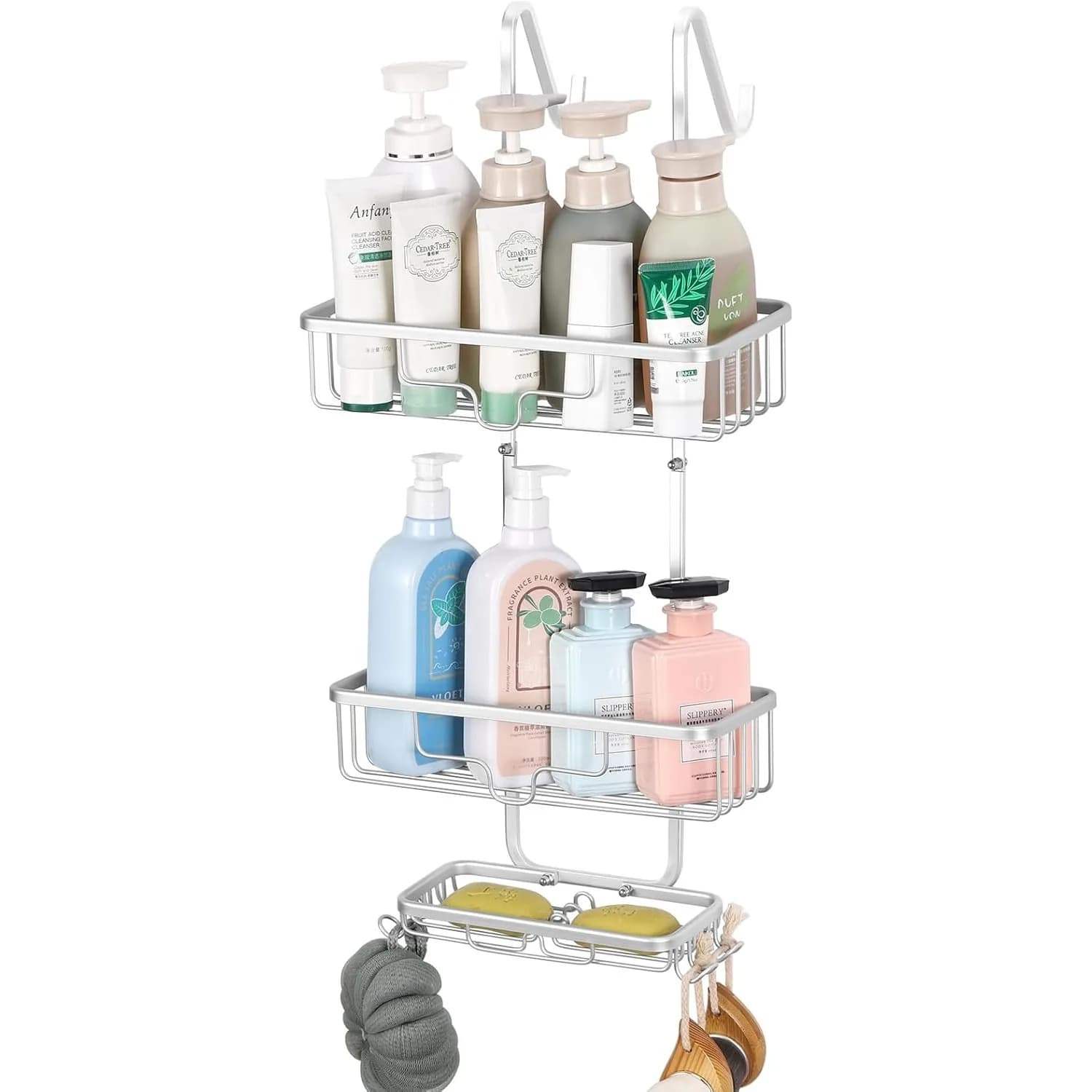 Portaoggetti per doccia senza trapano sopra la porta a 3 livelli, mensola sospesa in alluminio con portasapone multi-ganci, organizer per spa da bagno Argento
