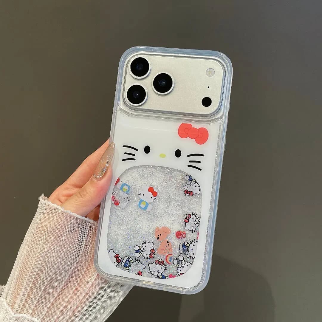 Cute Cartoon Sanrio Hello Kitty Bling Glitter Liquid Quicksand Phone Case For iPhone 17 16 15 14 13 Pro Max Clear Hard Cover
