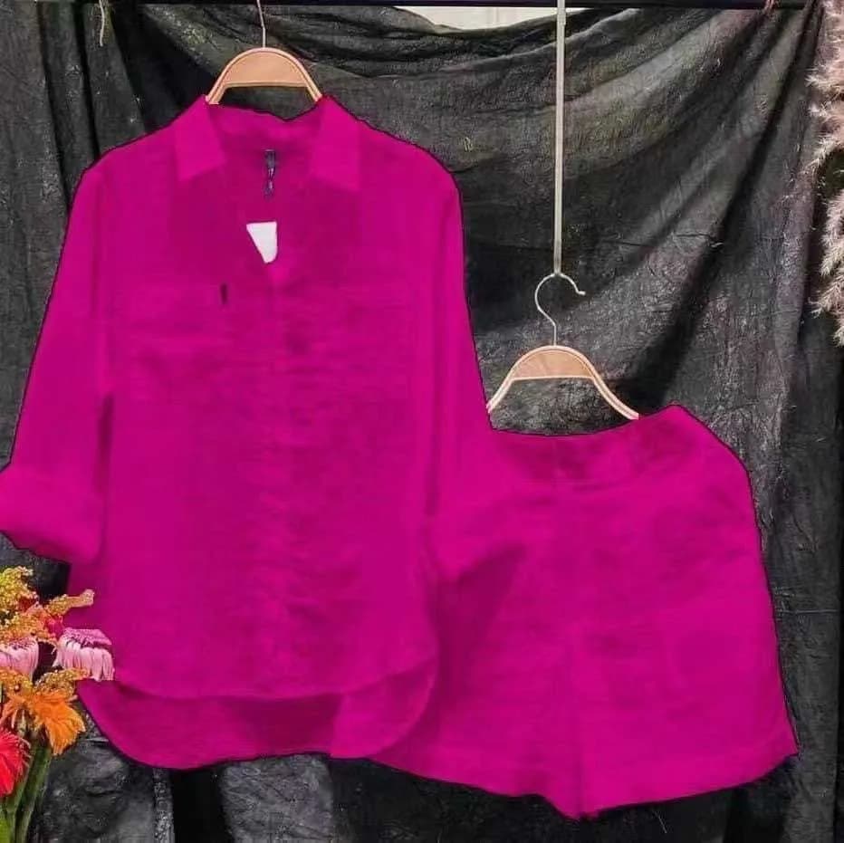 Camicia a maniche lunghe alla moda Pantaloncini Set da due pezzi Donna 2024 Estate Bianco Cotone Lino Casual Casa Set da 2 pezzi Abiti da donna