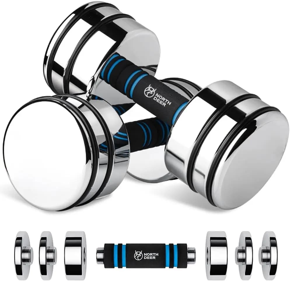 Home Gym Workout - Ultracompact Adjustable Chrome Dumbbells with Foam Handles, Silver, 5lb - 50lb Options