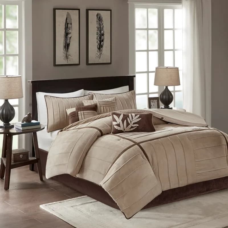 7 Piece Faux Suede Comforter Set Beige Full