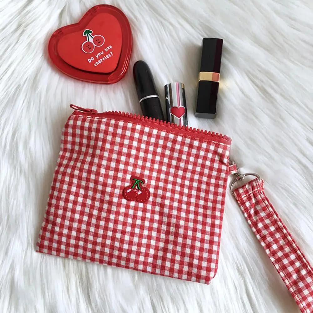 Borsa per trucco in tela con stampa ciliegia Simpatico organizer per rossetto con chiusura a cerniera Custodia cosmetica portatile leggera per donne e ragazze