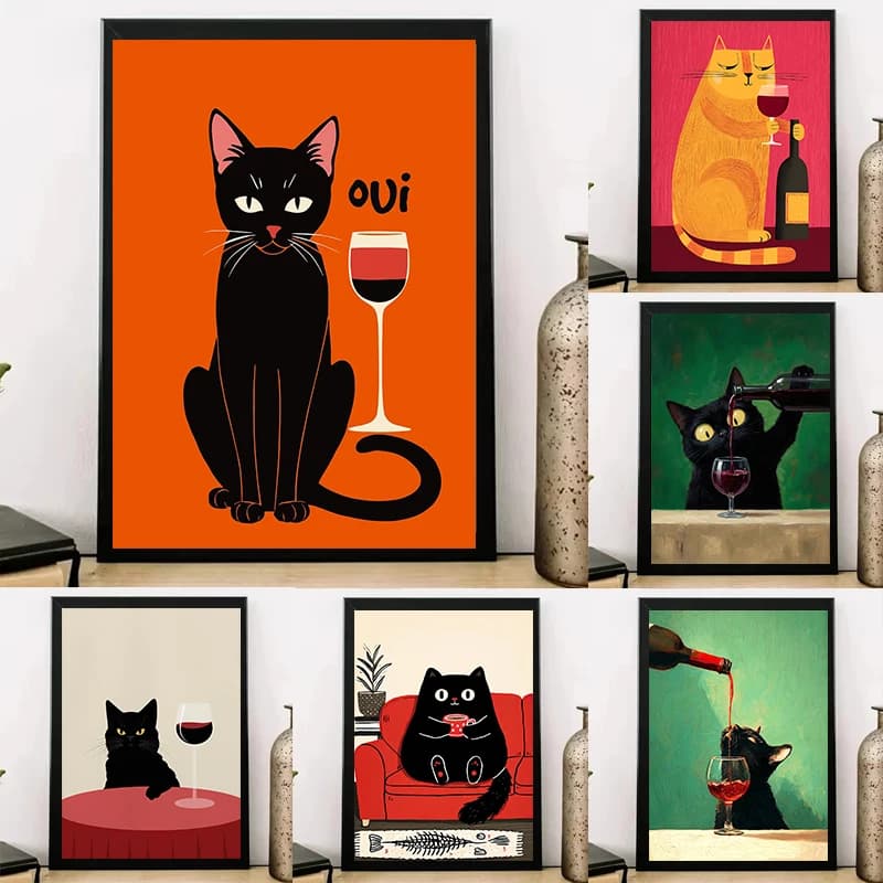 Black Cat with Glass Bottle Wine Chess Poster Chic Cat Modern Illustration Artwork Canvas Painting Wall Pictures Kitchen Decor