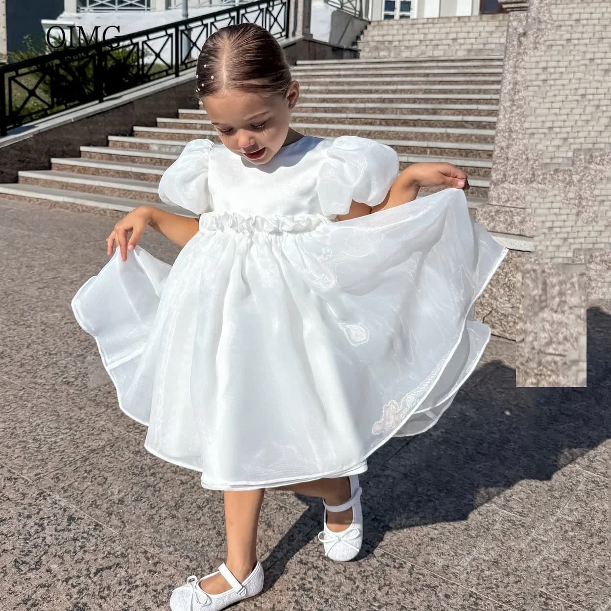 OIMG Ivory Or Neck A Line Girl Dresses Flower Sleeves Knee Length Wedding Party Dress Birthday Santa Communion Custom