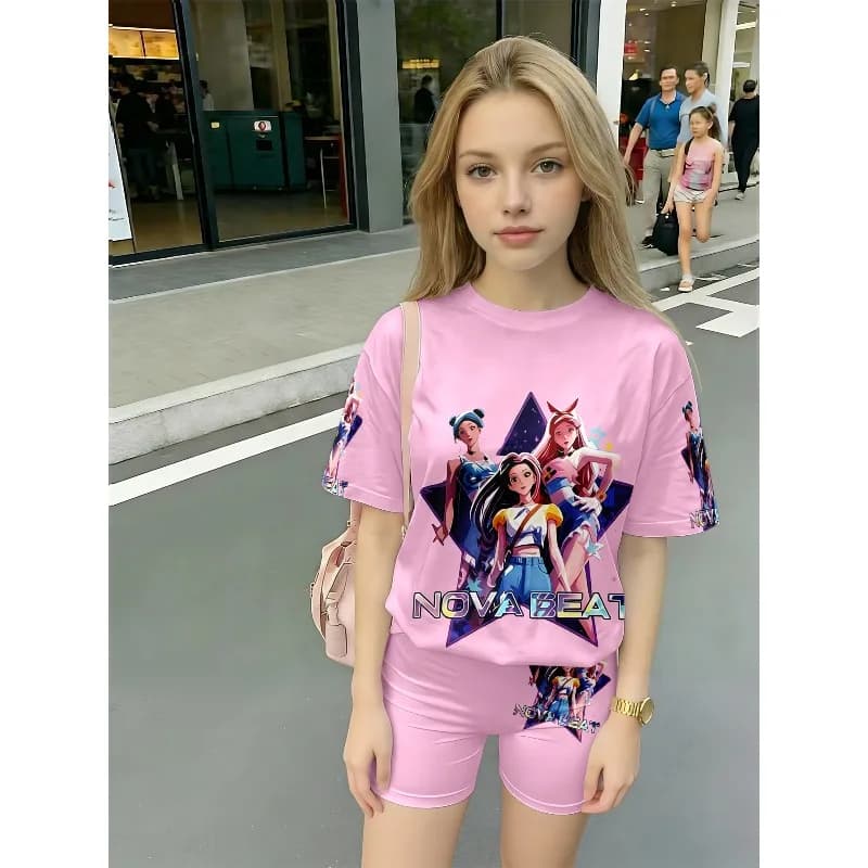 Set casual 2 pezzi con t-shirt e pantaloncini stampati Nova Beat Anime Idol, adatto come regalo di compleanno per i fan, set casual comodo