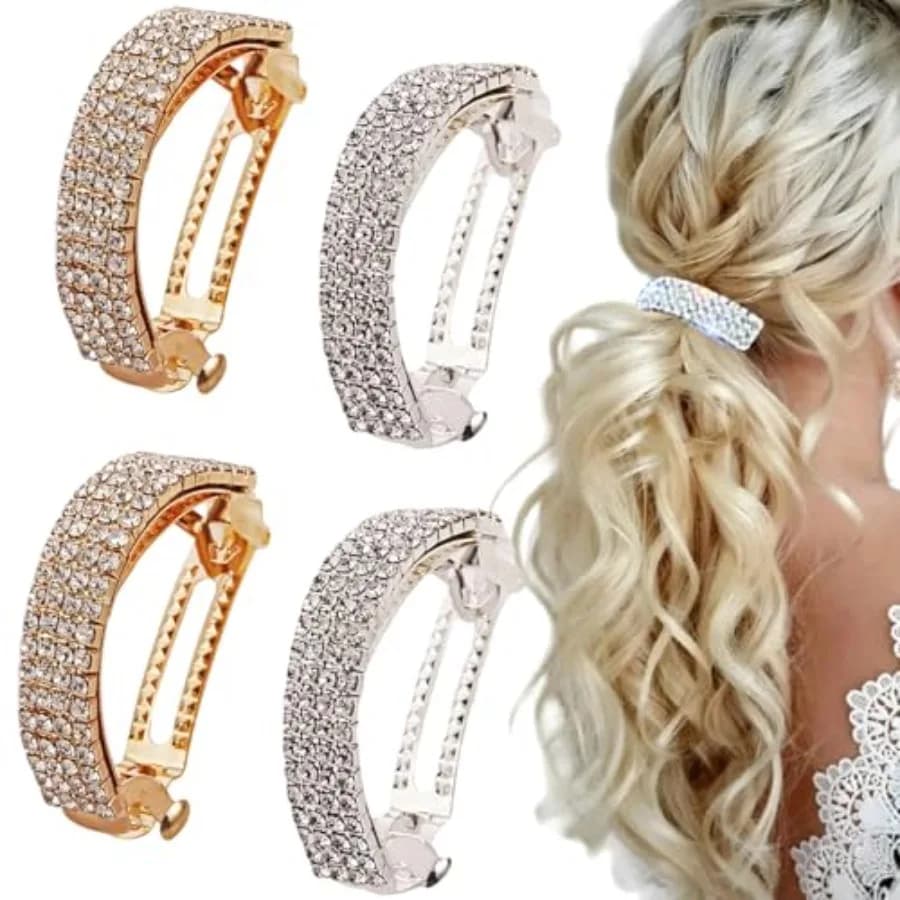 4 Pezzi Fermagli per Capelli a Molla con Strass, Semicircolari Oro Argento, Fermacoda Luccicanti, Accessori per Capelli da Donna per Matrimoni