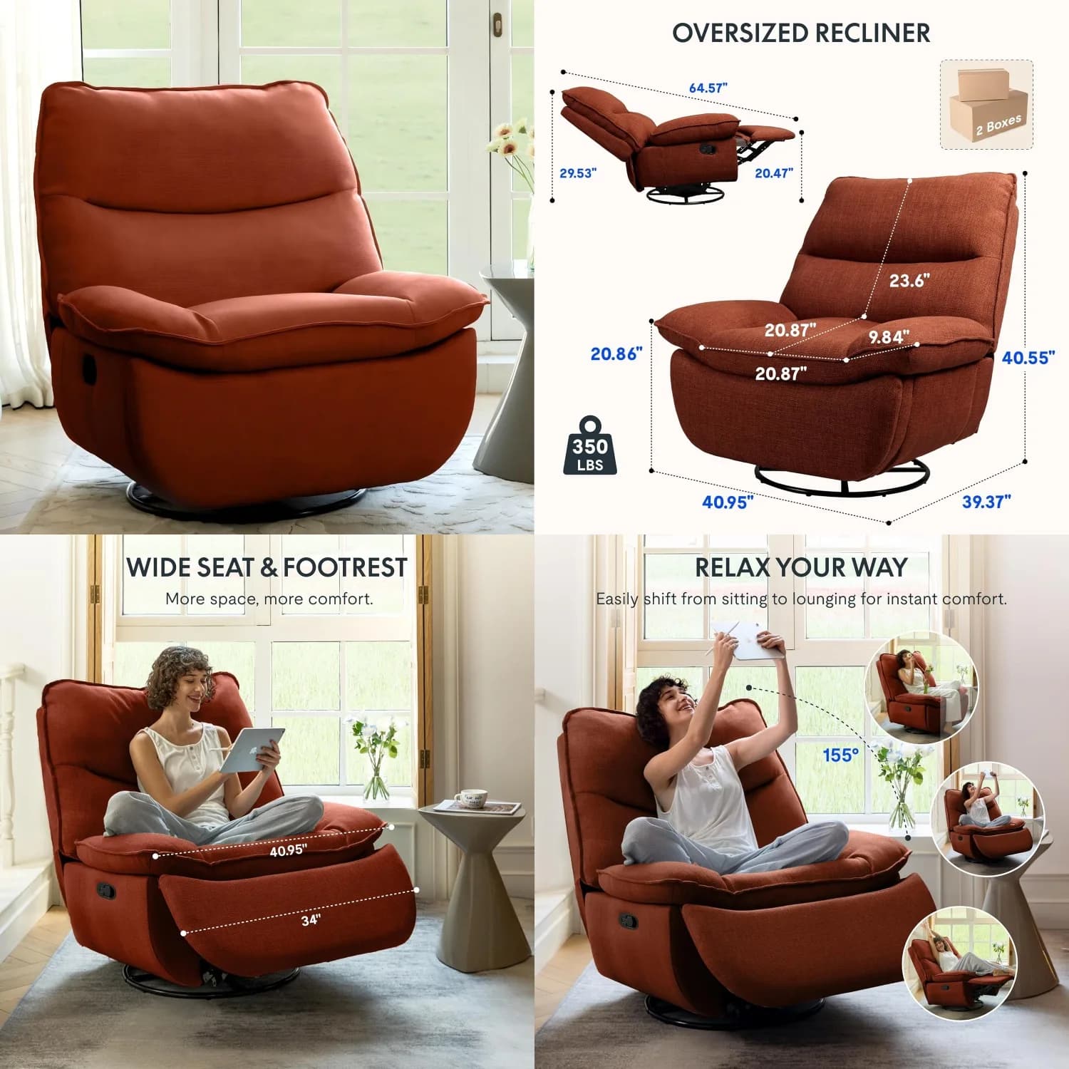 360 ° Poltrona Reclinabile Girevole Senza Braccioli, Tessuto Oeko-TEX Trifunzionale, per Gaming e Soggiorno, Arancione, Personalizzabile