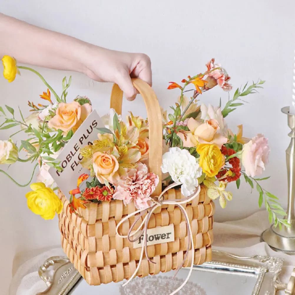 Cesto per Fiori Artigianale in Legno Naturale, Contenitore Decorativo Portatile per Frutta Secca, Snack, Fiori da Matrimonio