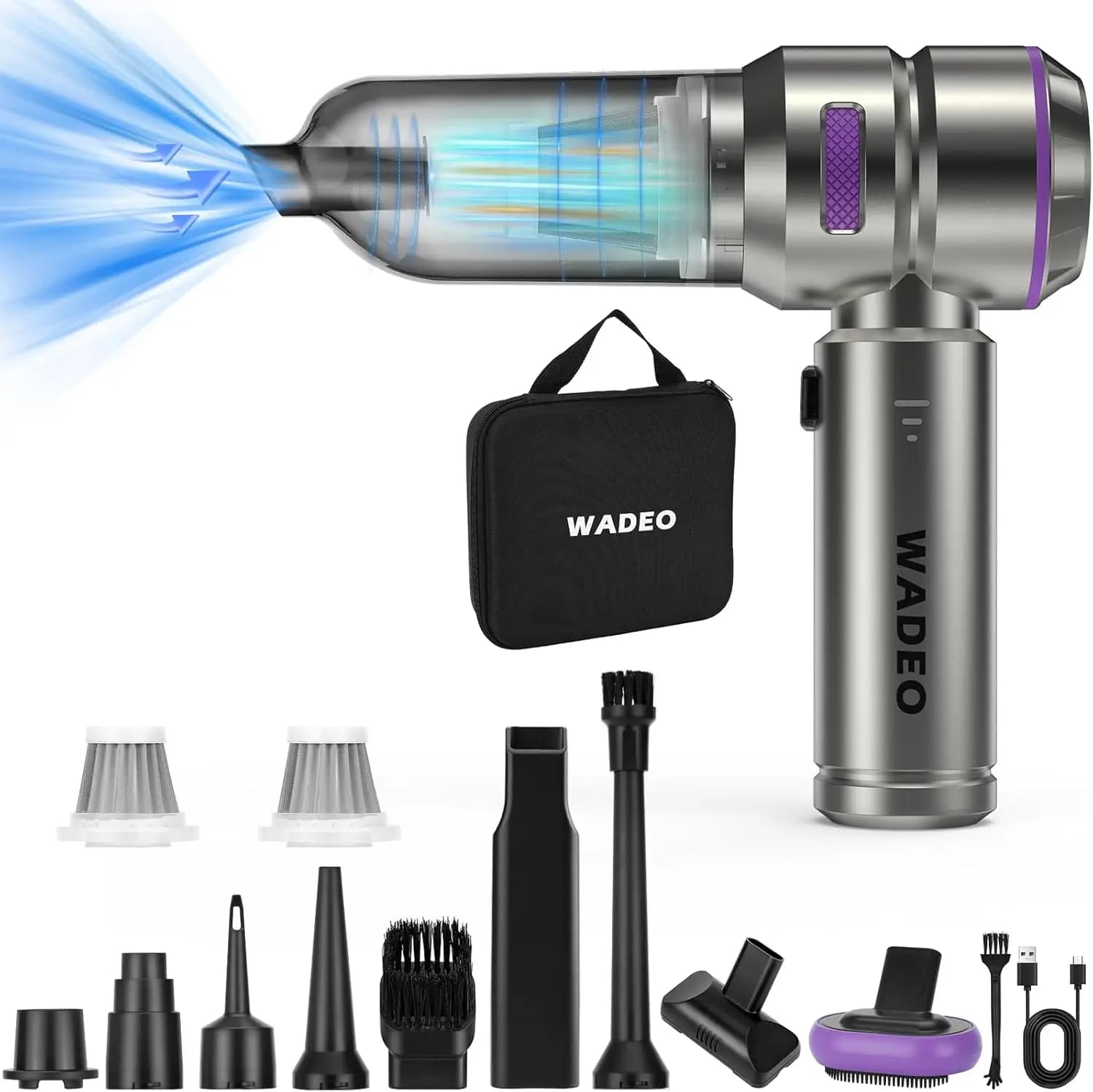 Aspirapolvere Portatile Senza Fili 21000Pa, Aspiratore e Soffiatore d'Aria 4-in-1 per Auto 7500mAh, Motore Brushless, 210000RPM, per Pulizia Casa, Ufficio e Auto