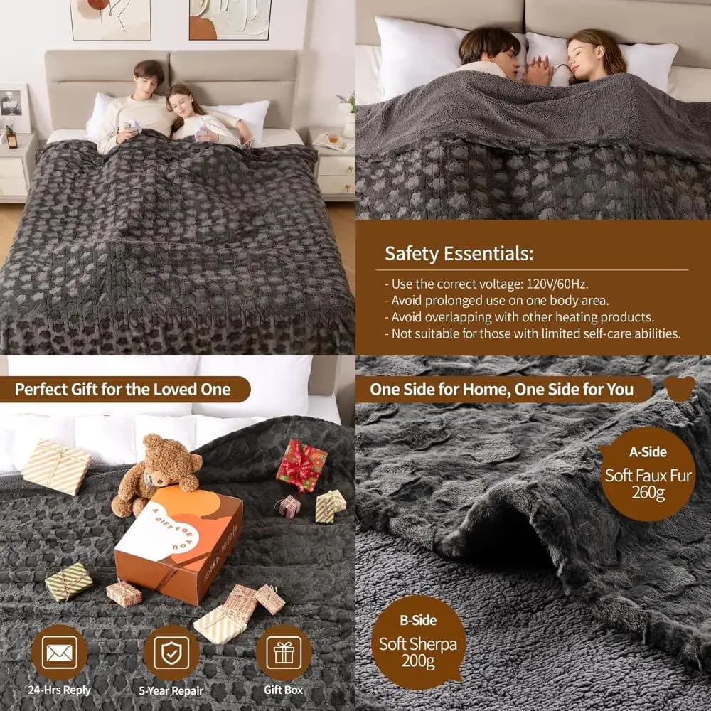 Coperta elettrica king size 100x90 con doppi controlli, pelliccia sintetica floreale grigia e Sherpa, 10 impostazioni di calore, timer 1-12 ore, lavatrice in lavatrice