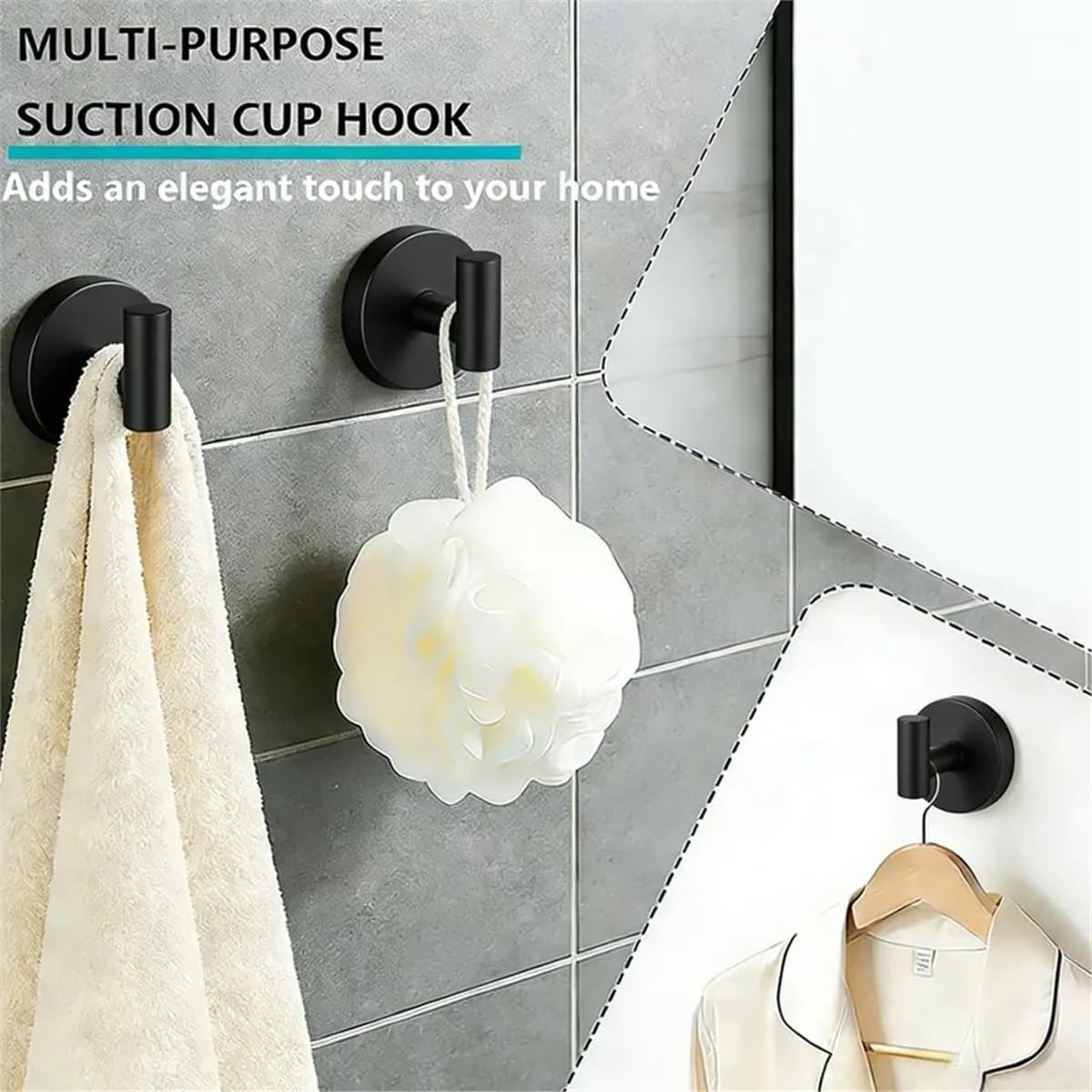 Set di 4 Ganci a Ventosa Multiuso, Robusti, Senza Foratura, per Asciugamani e Panni, Neri, per Doccia e Bagno
