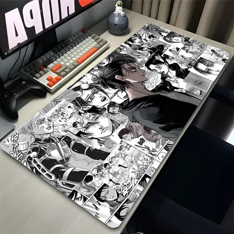 Tappetino per mouse Manga in bianco e nero PC Eren Yeager Gamer Cabinet Mousepad Laptop Attack on Titan Tappetino da scrivania Tappeto per tastiera da gioco Anime