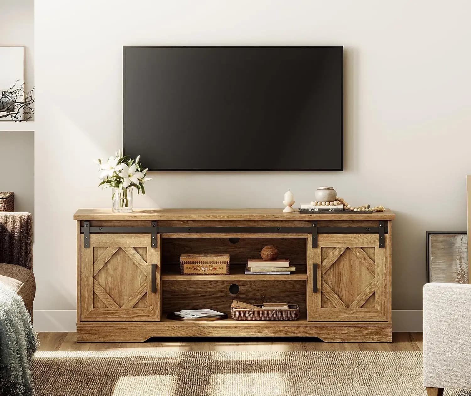 Farmhouse TV Stand 55-65 Inch Sliding Barn Door Cable Management Adjustable Shelf Storage 59.1"L*15.4"D*23.6"H, Customized
