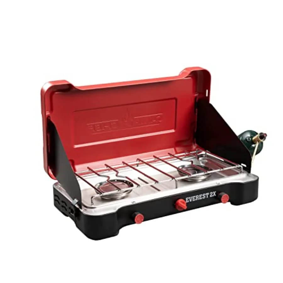 Fornello da Campeggio Portatile Everest 2X a 2 Fuochi, 40.000 BTU, Attrezzatura da Cucina per Esterni a Propano, Telaio in Alluminio Leggero e Resistente, Nero