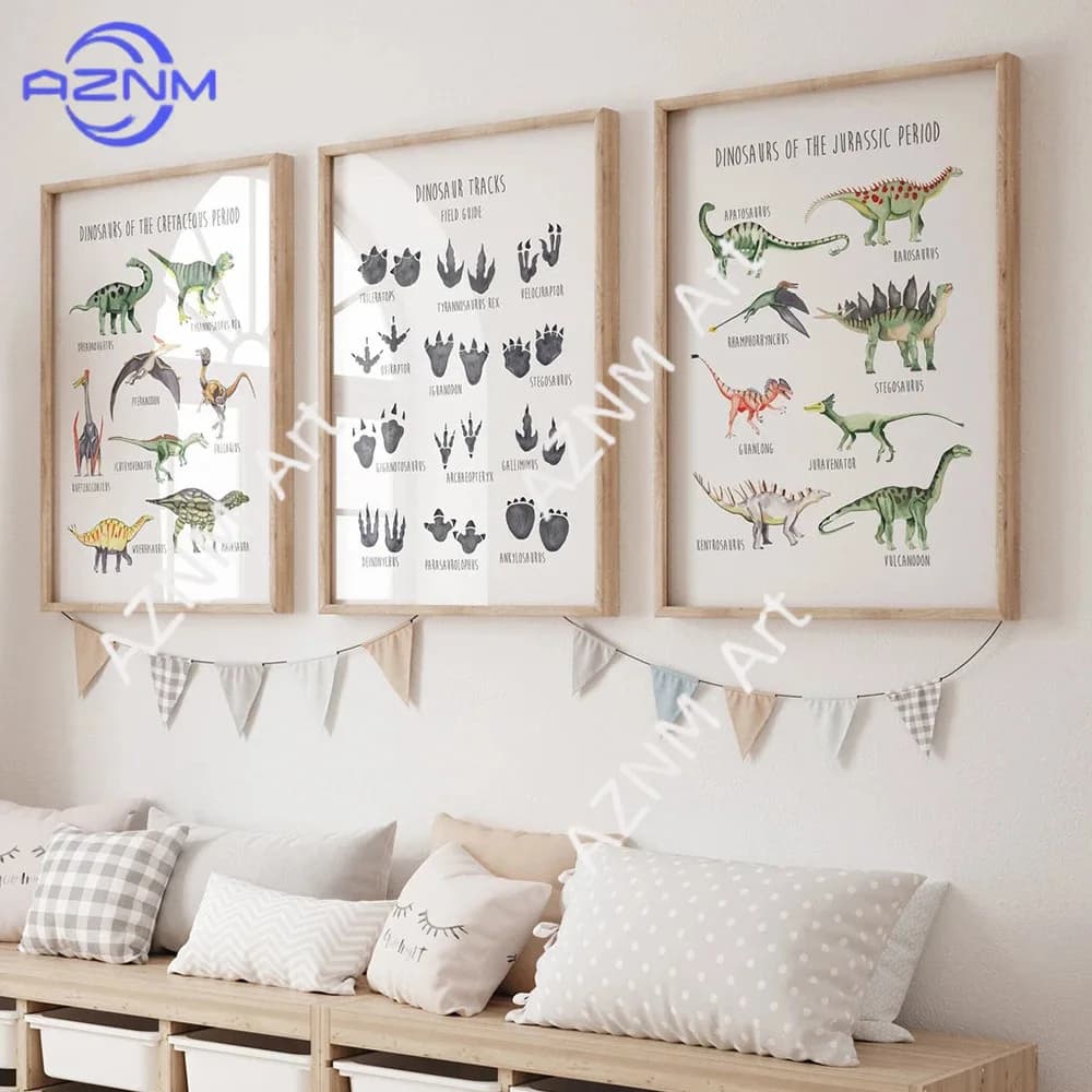 1/3 pezzi, poster educativo con dinosauri dei cartoni animati, poster didattico per l'apprendimento dell'inglese, decorazione in tela per la cameretta dei bambini, sala giochi.