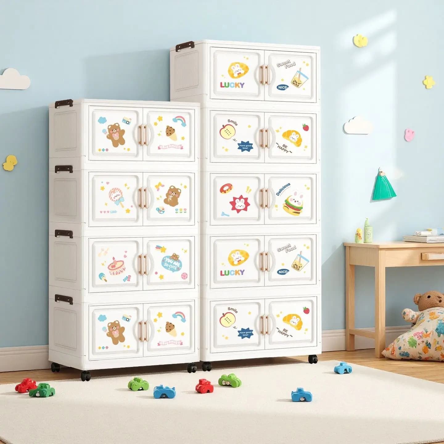 Scatola portaoggetti pieghevole per cartoni animati da 18,9 pollici, organizer con ruote per carichi pesanti a 1-6 livelli, 2 colori per camera da letto/soggiorno/cucina/studio