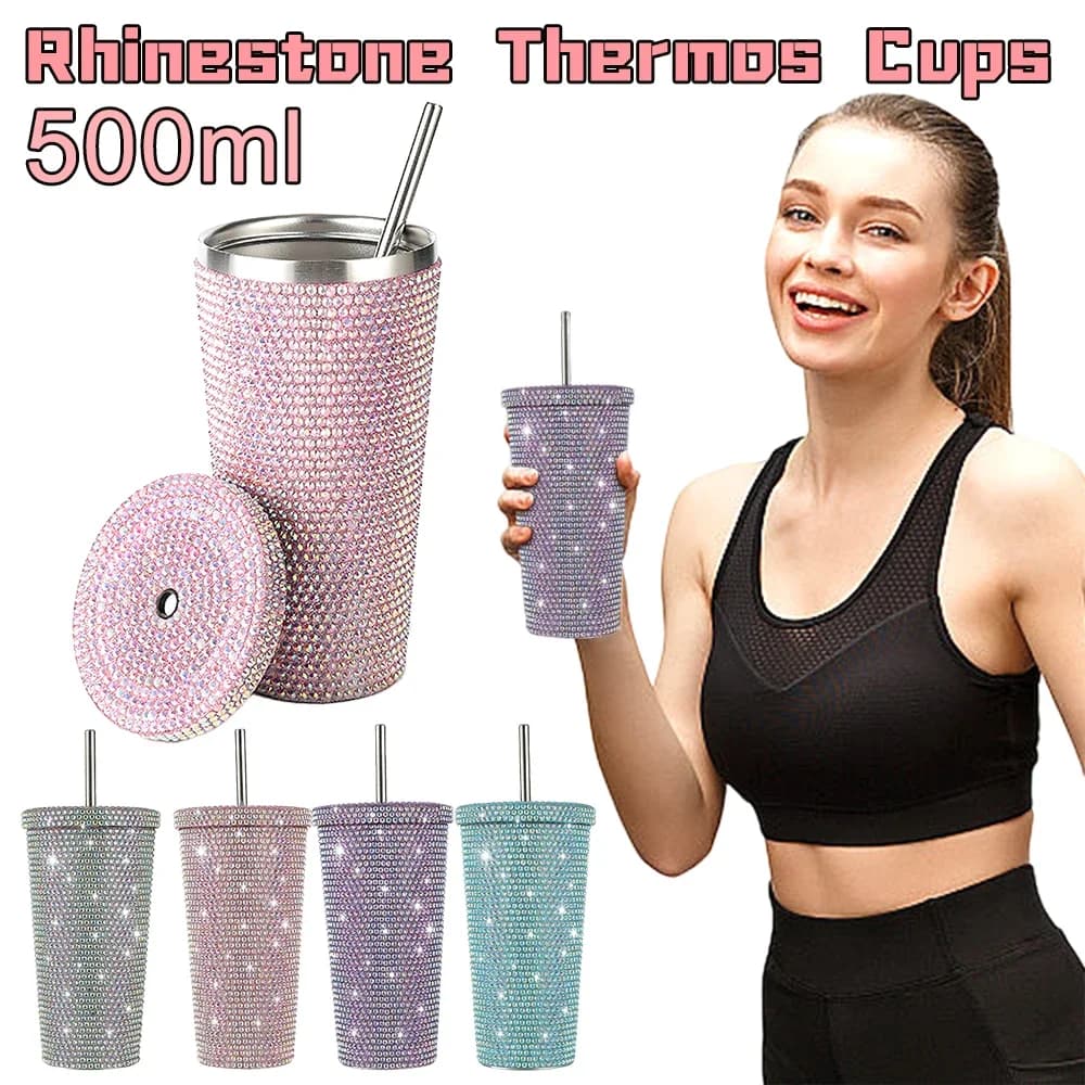 Bottiglie thermos con diamanti bling da 500 ml Bottiglia d'acqua portatile con strass glitterati Boccetta termica a tracolla in acciaio inossidabile Tazza di paglia