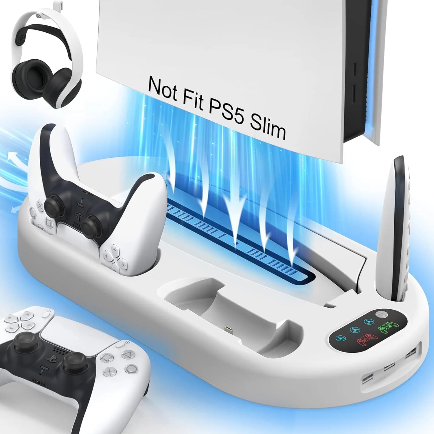 Per PS5/PS5 Supporto sottile con gancio per cuffie Supporto di raffreddamento e stazione di ricarica del controller per PS5 con ventola di raffreddamento a 3 livelli