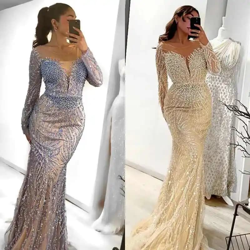 Grazioso abito da sposa grazioso a sirena personalizzato con scollo a V cristalli perle perline maniche lunghe principessa abiti da sposa