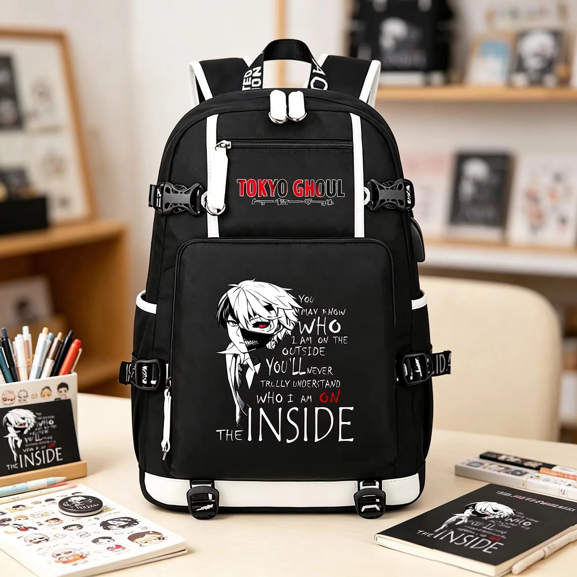 Zaino per studenti Tokyo Ghoul Oxford Porta di ricarica USB Borse da scuola grandi Bookbag Zaino da viaggio per laptop Borsa a tracolla nera da uomo