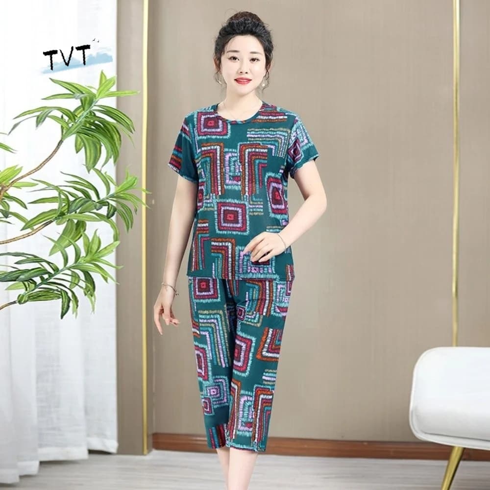 Clothes Set Plus Size Elderly T-shirt Sets Stripe Loose Women Two Piece Set Short-sleeved Summer Mother's Pajamas Home Wear