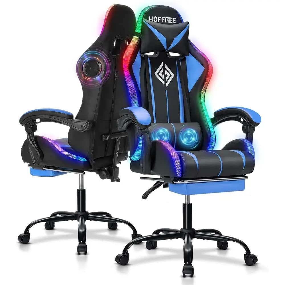 Sedia da Gaming con Bluetooth e RGB, Massaggio Ergonomico, Supporto Lombare e Poggiapiedi in Blu e Nero