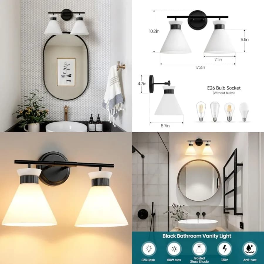 Lampade per Specchio da Bagno: Apparecchi di Illuminazione per Bagno Sopra Specchio da 17,3 Pollici con Vetro Satinato Bianco Latte, Stile Mid-Century