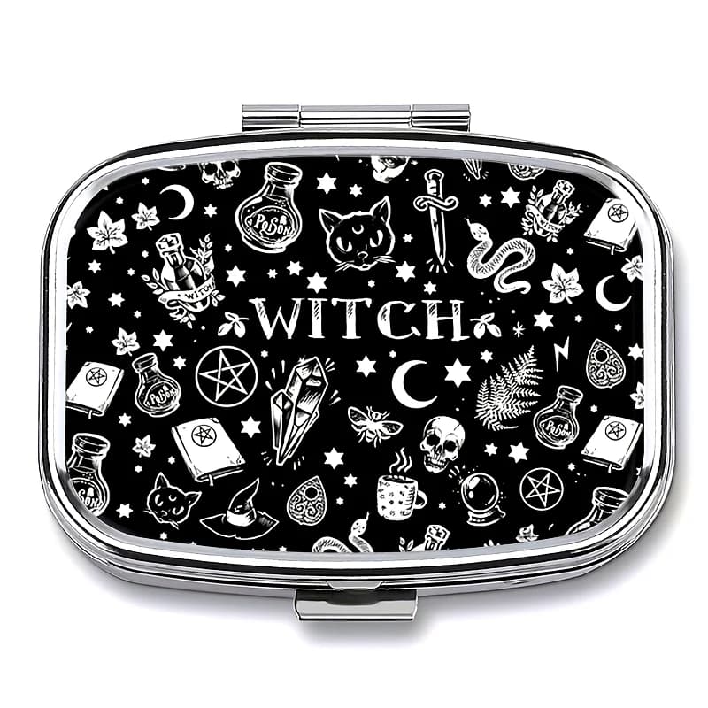 1 Witch-Patterned Pill Box, Double-Compartment Pill Organizer, Portable Home Medicine Storage Box, Can Be Carried in Your Pocket, Wallet, or Travel Bag, Unique Gift