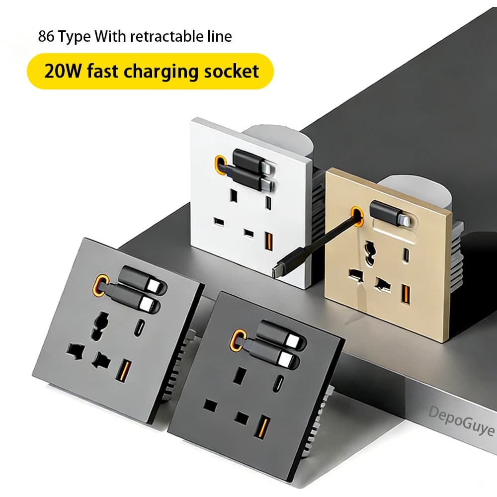 Pannello con presa USB Type-C universale da 20W tipo 86 con cavo di ricarica espandibile, presa Type-C per la ricarica di cellulari nel Regno Unito