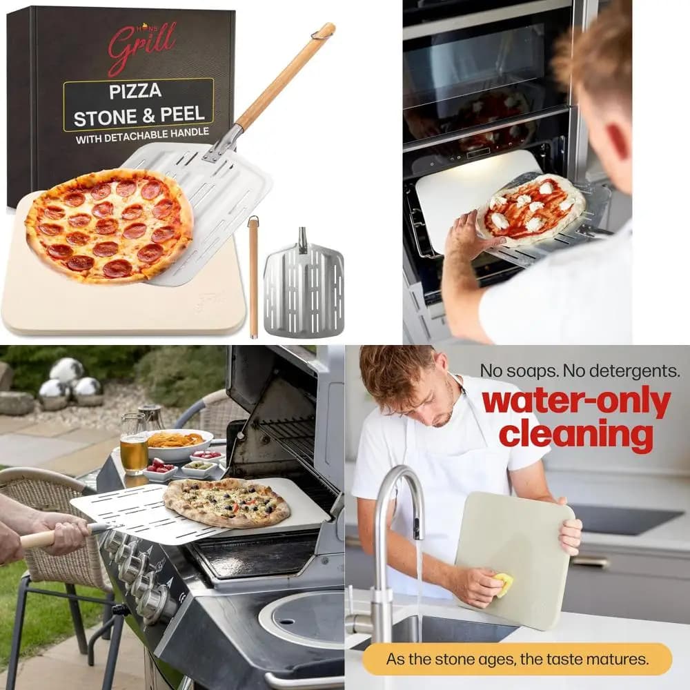 Pietra per pizza extra large con pala in alluminio a manico lungo per forno, grill o barbecue - 15 x 12 pollici, perfetta per pizze, pasticcini