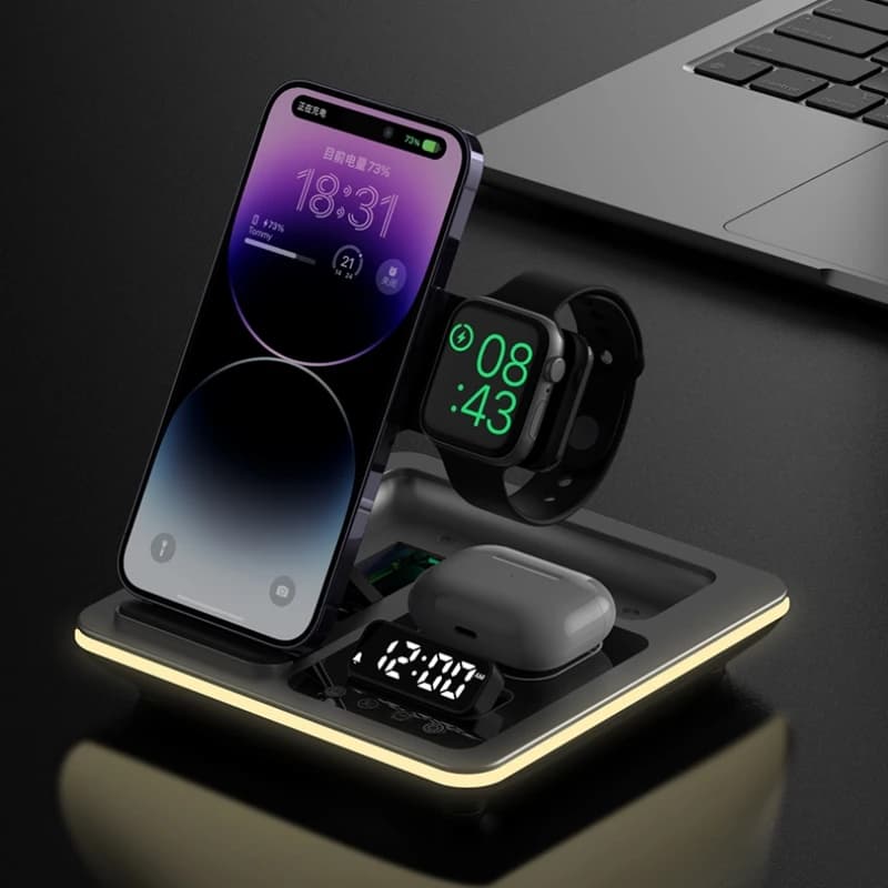 5 in 1 wireless charging station with hot light and quick charging for Apple Airpods, iWatch, iPhone 12, 13, 14, 15, 16, 17 with alarm clock