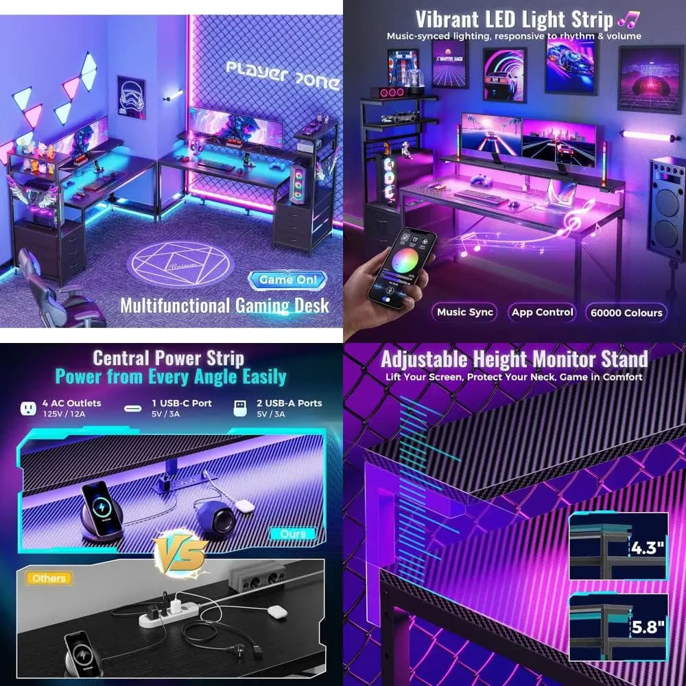 Scrivania da Gaming in Fibra di Carbonio con Illuminazione LED, 3 Cassetti in Tessuto, Supporto per PC e Ripiani Mobili