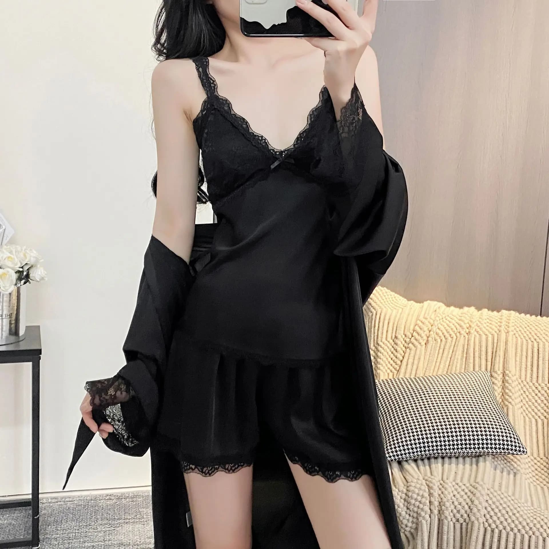 Women's Pijama 3 Pieces: Vestaglia, Night Shirt and Pigiama in Satin Silk with Padded Cups, Home and Nightwear