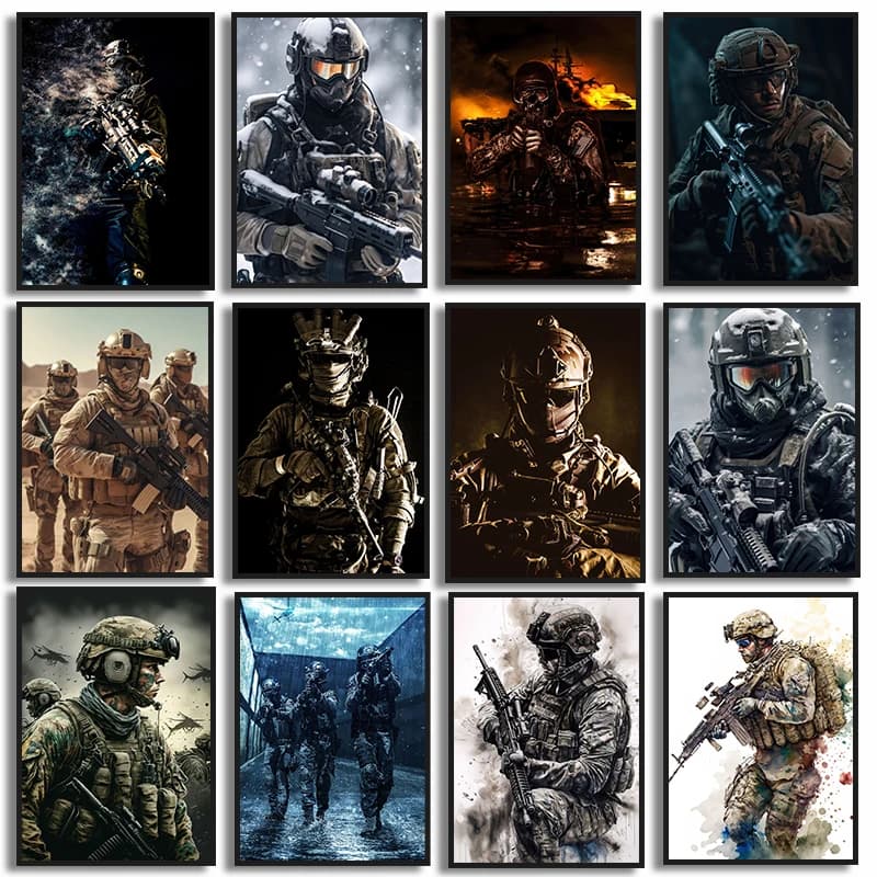 Military Special Forces Canvas Painting Soldier with Rifle Poster HD Modern Wall Art Pictures Boy Room Living Room Home Decor