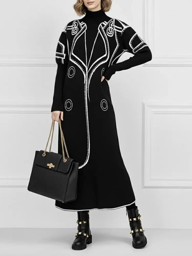 2026 New Autumn Winter Turtleneck Knit Midi Dresses For Women Black White Graphic Print Long Sleeve Loose Casual Sweater Dress
